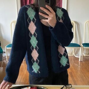 Oak + Fort navy blue wool blend Argyle Cardigan SOLD OUT